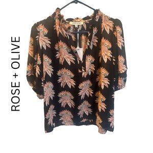 Rose + Olive Black Floral V Neck Women's Blouse Size M NWT Stretch Gorgeous